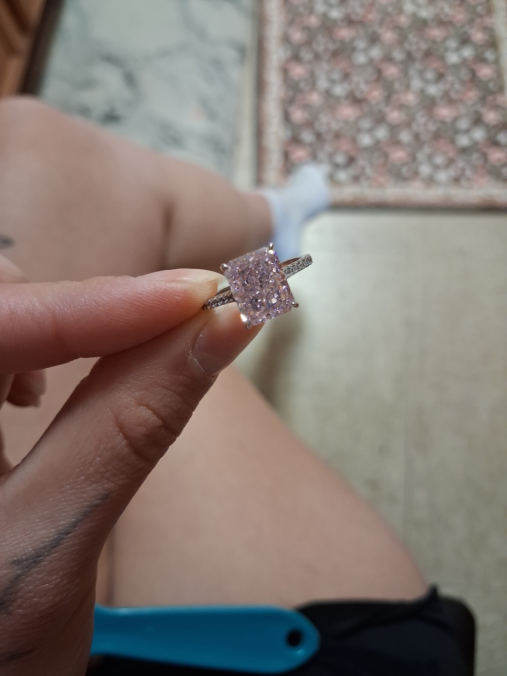 Light Pink Crushed Ice Cut Stone Ring with Pavé Band